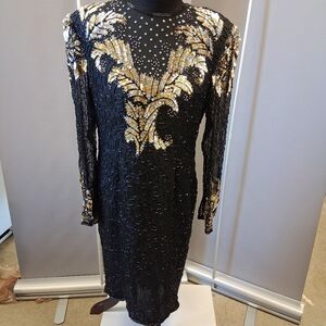 VTG Laurence Kazar Black Silk Embellished Cocktail Dress Long Sleeve Keyhole L